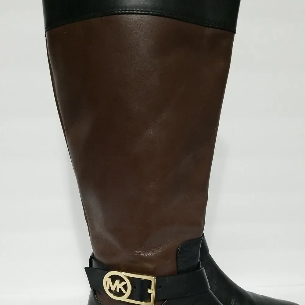 MICHAEL KORS Tall Fulton Black Brown Leather Harness Knee High Boots Women 5.5 M